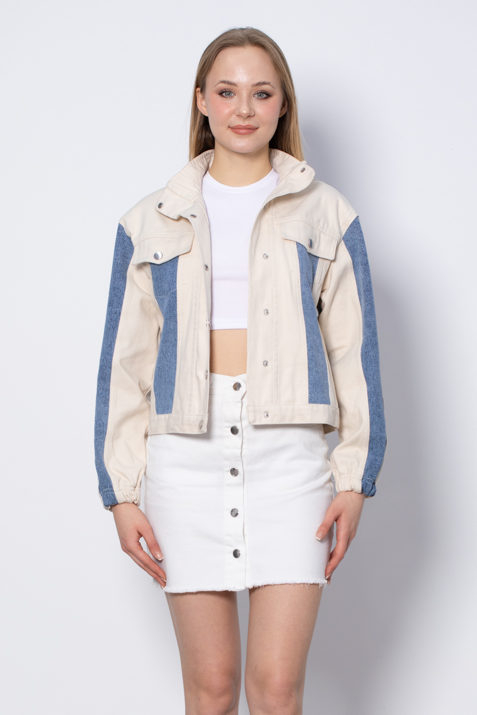 Garnili Denim Ceket - Mavi/Ekru