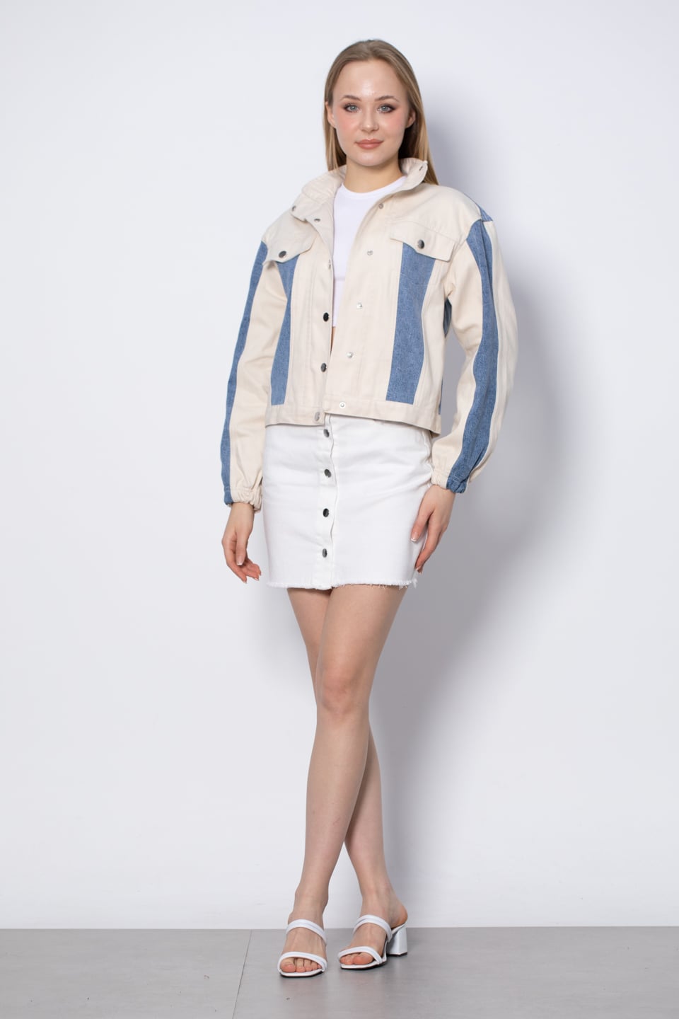 Garnili Denim Ceket - Mavi/Ekru