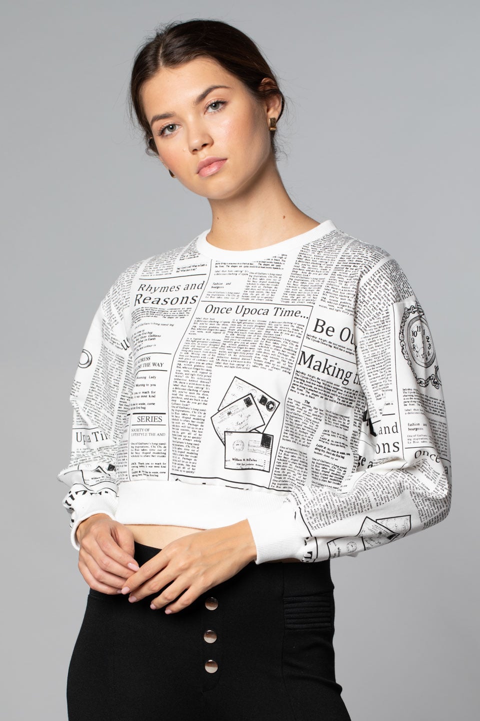 Gazete Baskılı Sweatshirt-Beyaz
