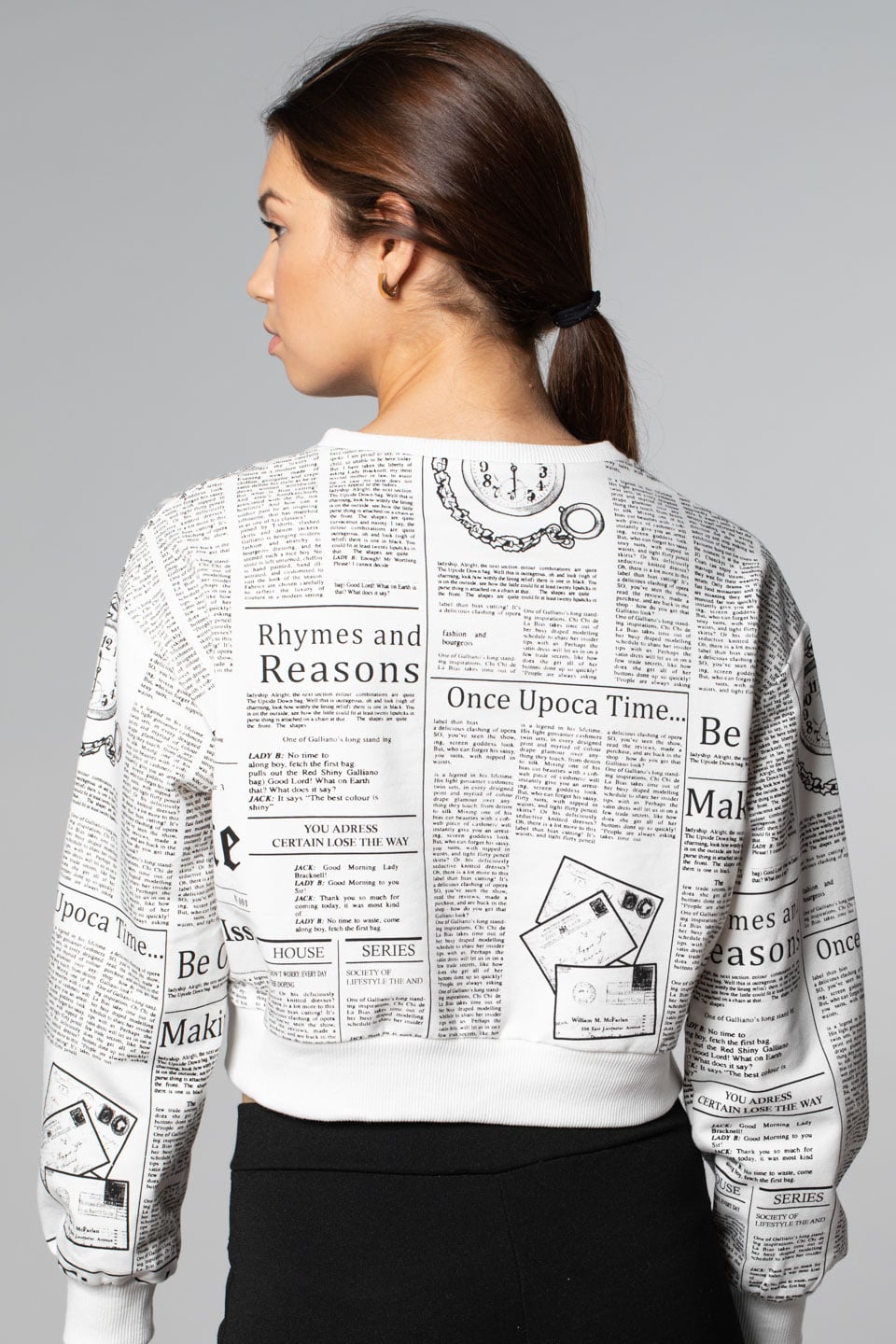 Gazete Baskılı Sweatshirt-Beyaz