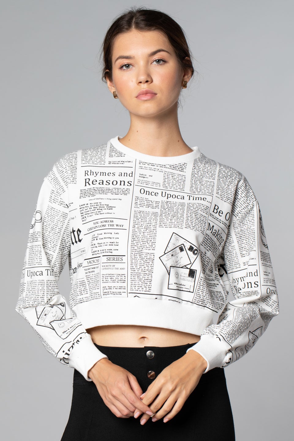 Gazete Baskılı Sweatshirt-Beyaz