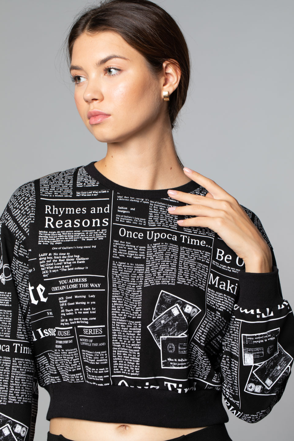 Gazete Baskılı Sweatshirt-Siyah
