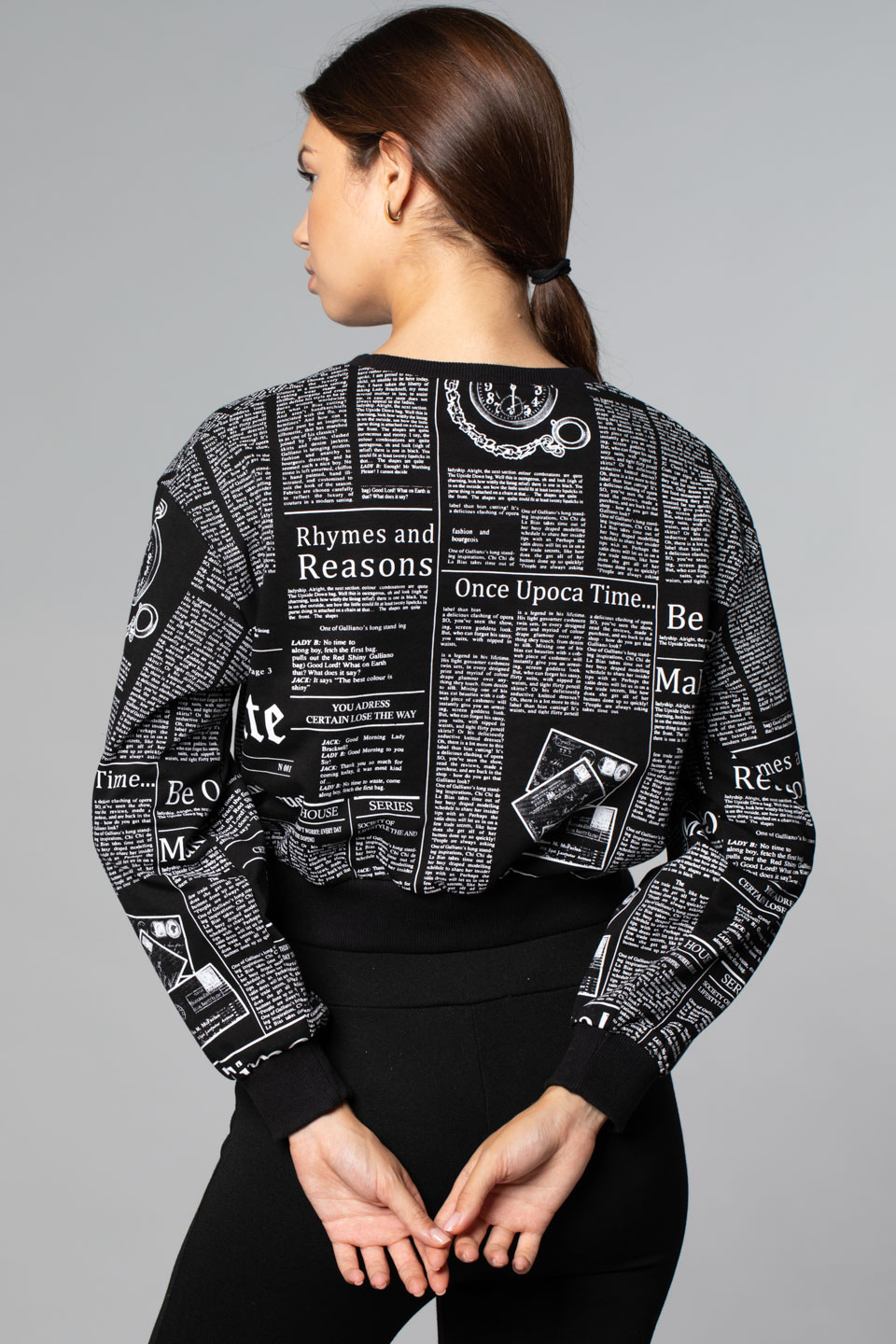 Gazete Baskılı Sweatshirt-Siyah