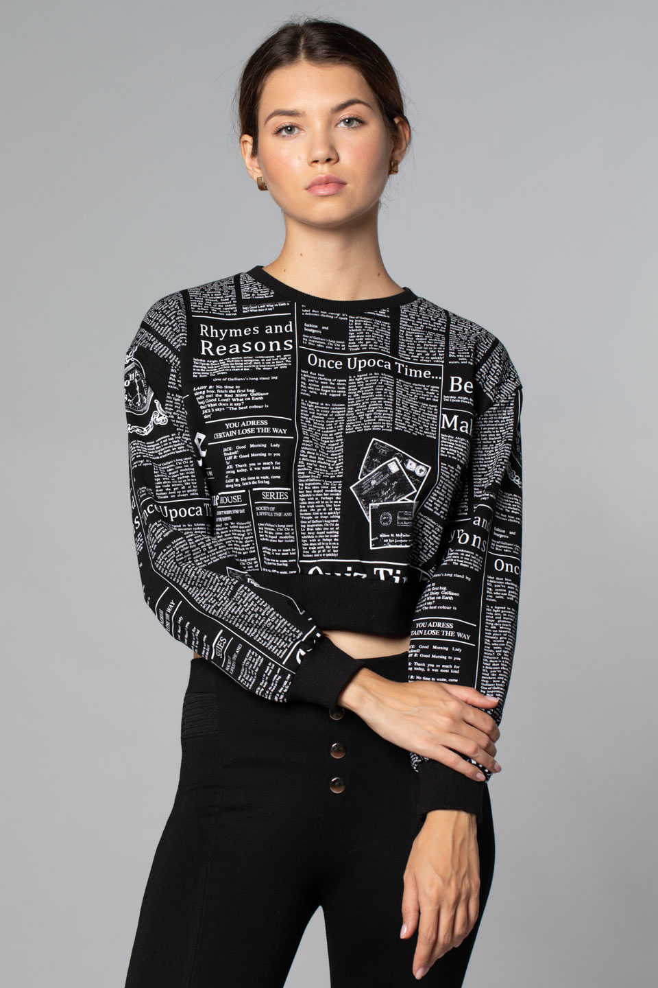 Gazete Baskılı Sweatshirt-Siyah
