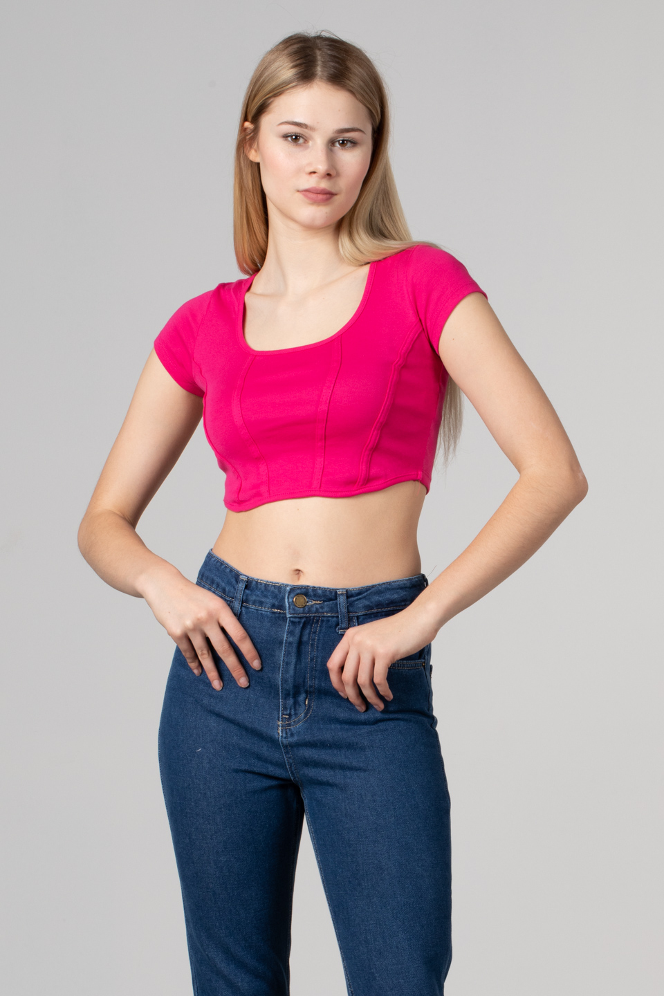 Geniş yaka kısa kol body-8051 Fuşya
