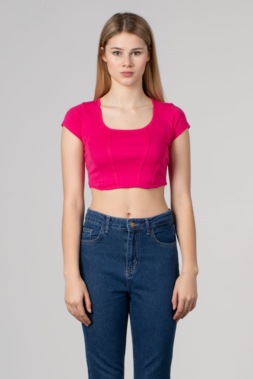 Geniş yaka kısa kol body-8051 Fuşya