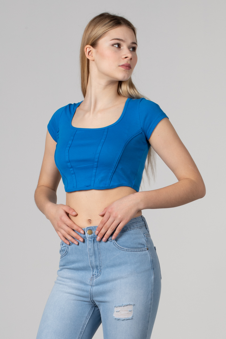 Geniş yaka kısa kol body-8051 Saks
