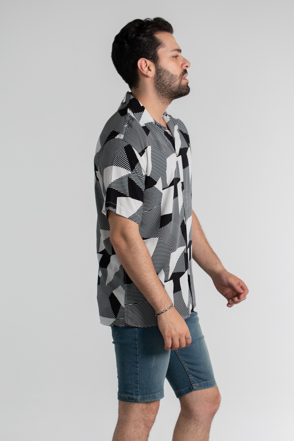 Geometrik çizgi desen oversıze gömlek-6024 Siyah