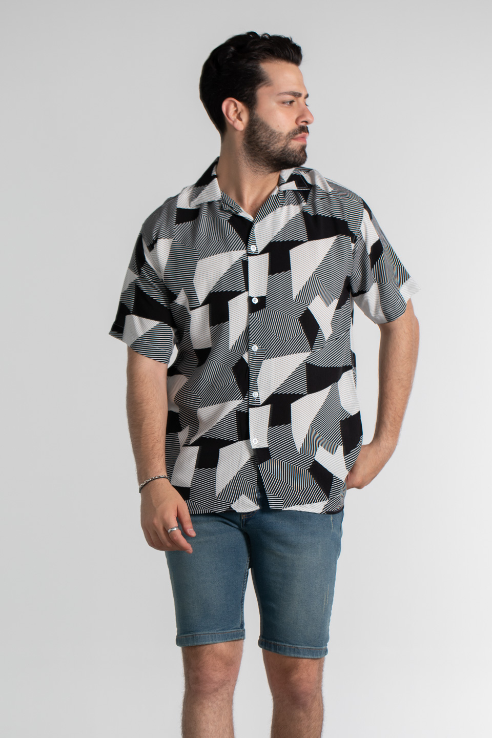 Geometrik çizgi desen oversıze gömlek-6024 Siyah