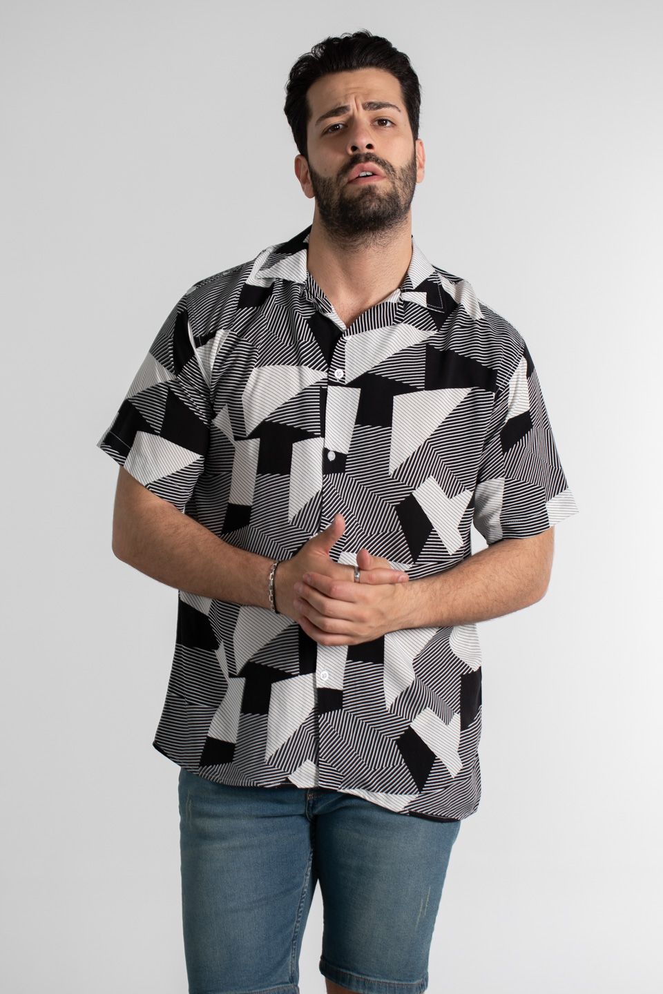 Geometrik çizgi desen oversıze gömlek-6024 Siyah