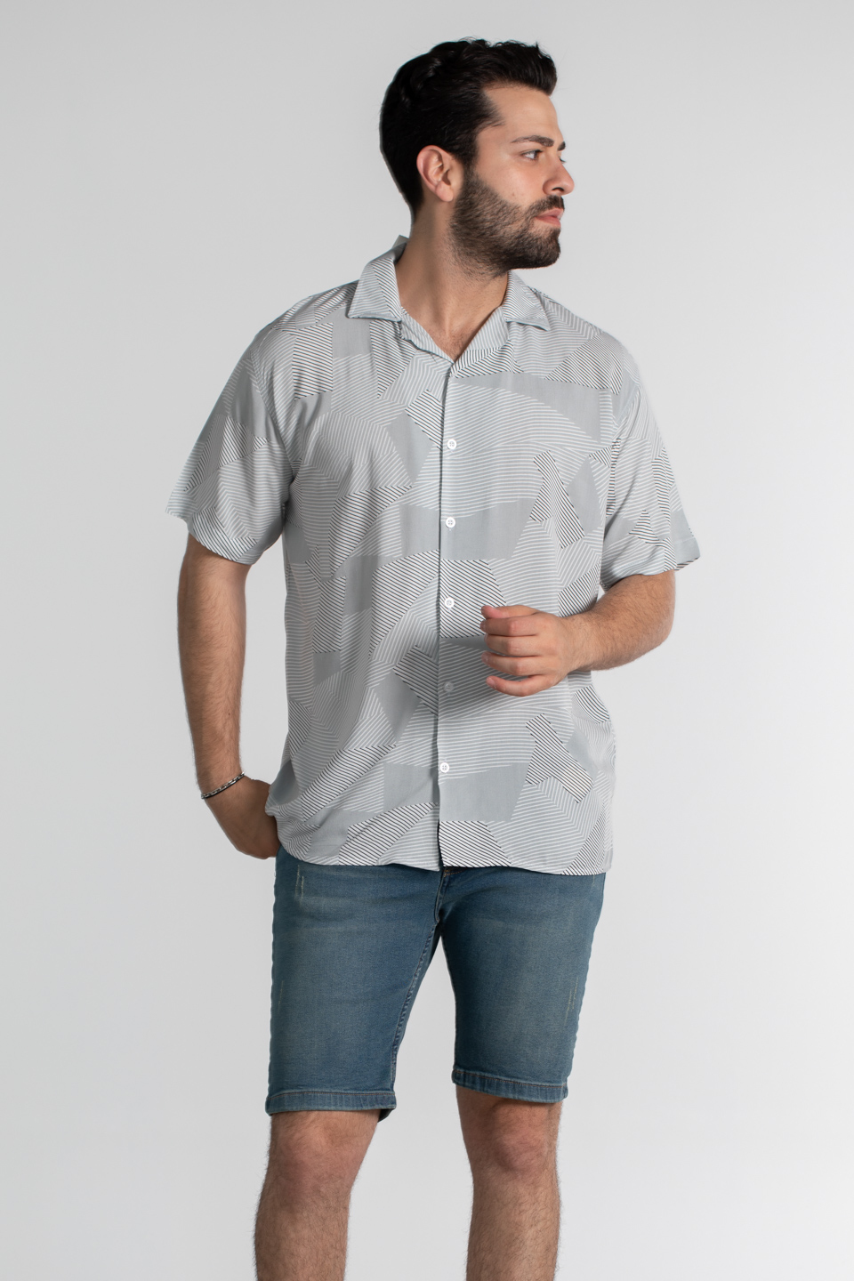 Geometrik çizgi desen oversıze gömlek-6024 A.Gri