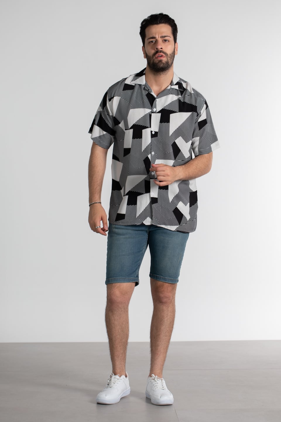 Geometrik çizgi desen oversıze gömlek-6024 Siyah