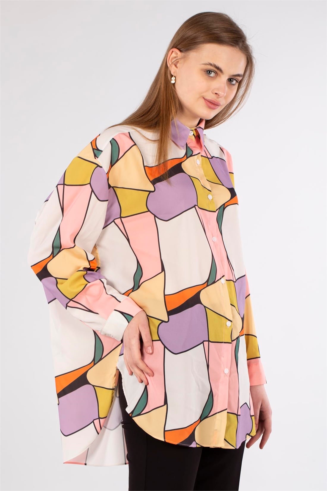 Geometrik Desenli Tunik Gömlek-Krem