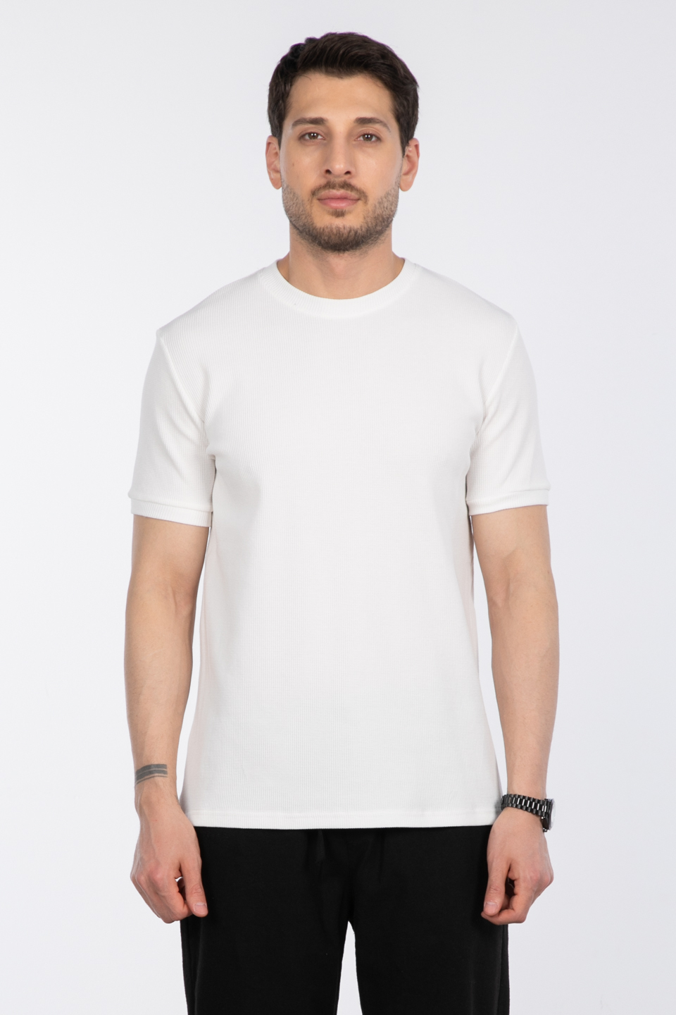 Gipeli waffal basıc t-shirt-2709 Ekru