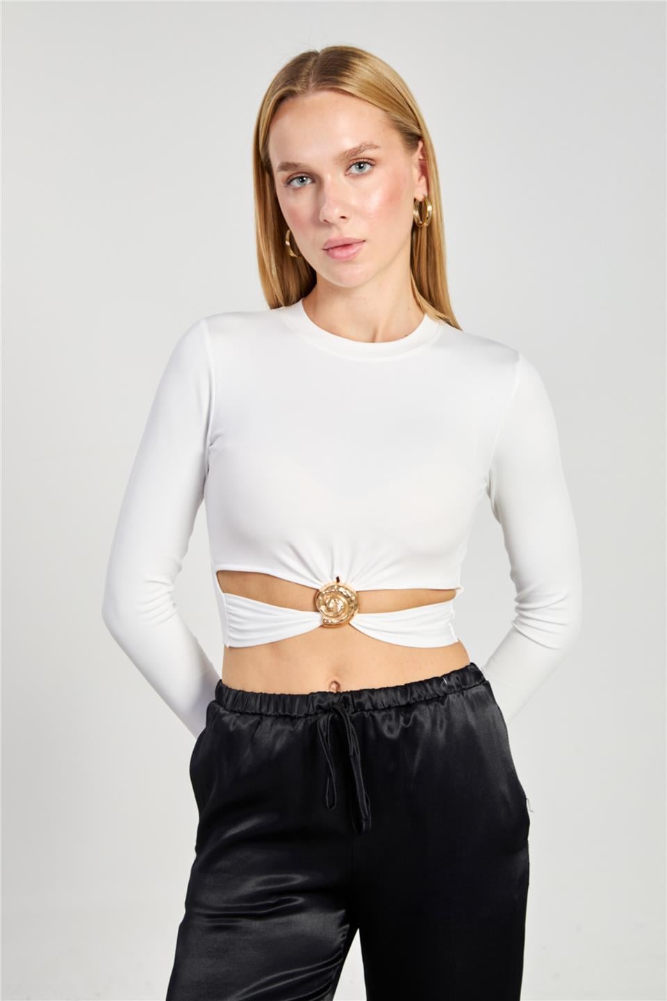 Göbek dekolteli uzun kol body-2665 Ekru