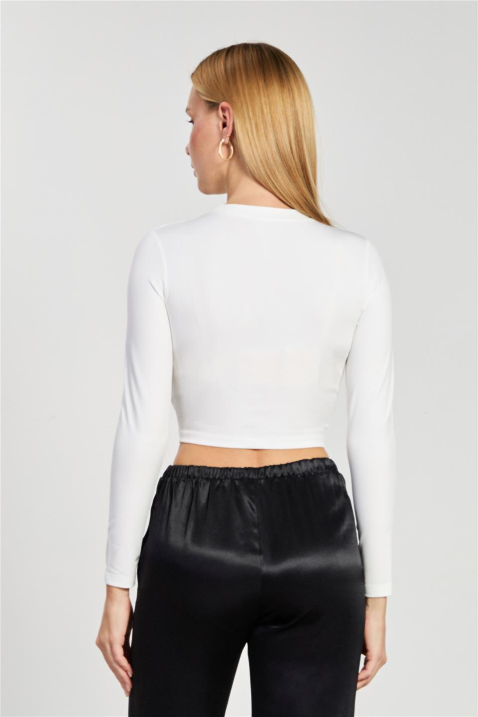 Göbek dekolteli uzun kol body-2665 Ekru