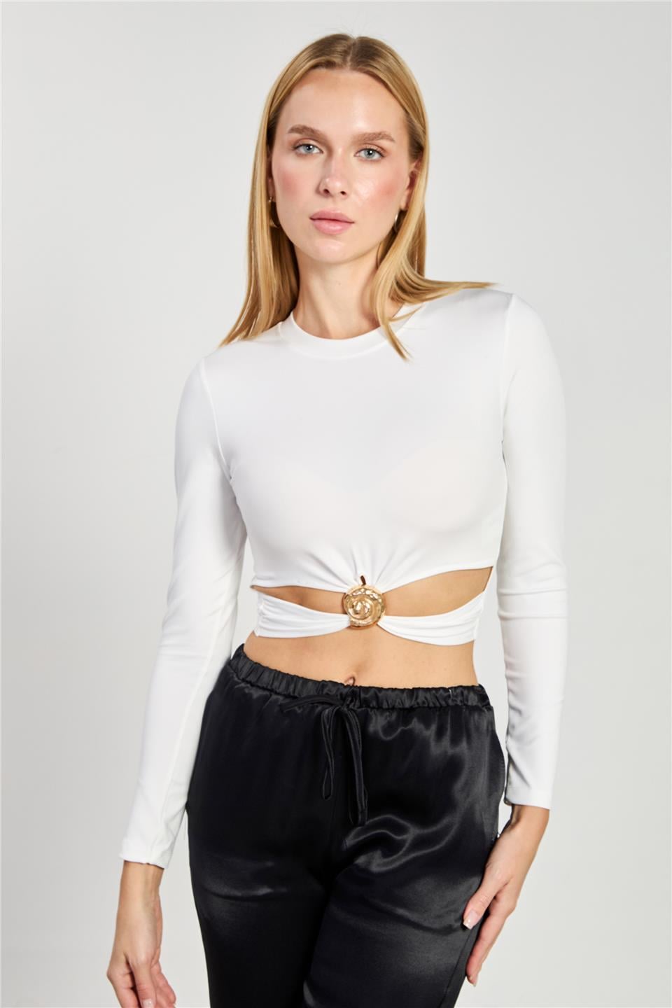 Göbek dekolteli uzun kol body-2665 Ekru