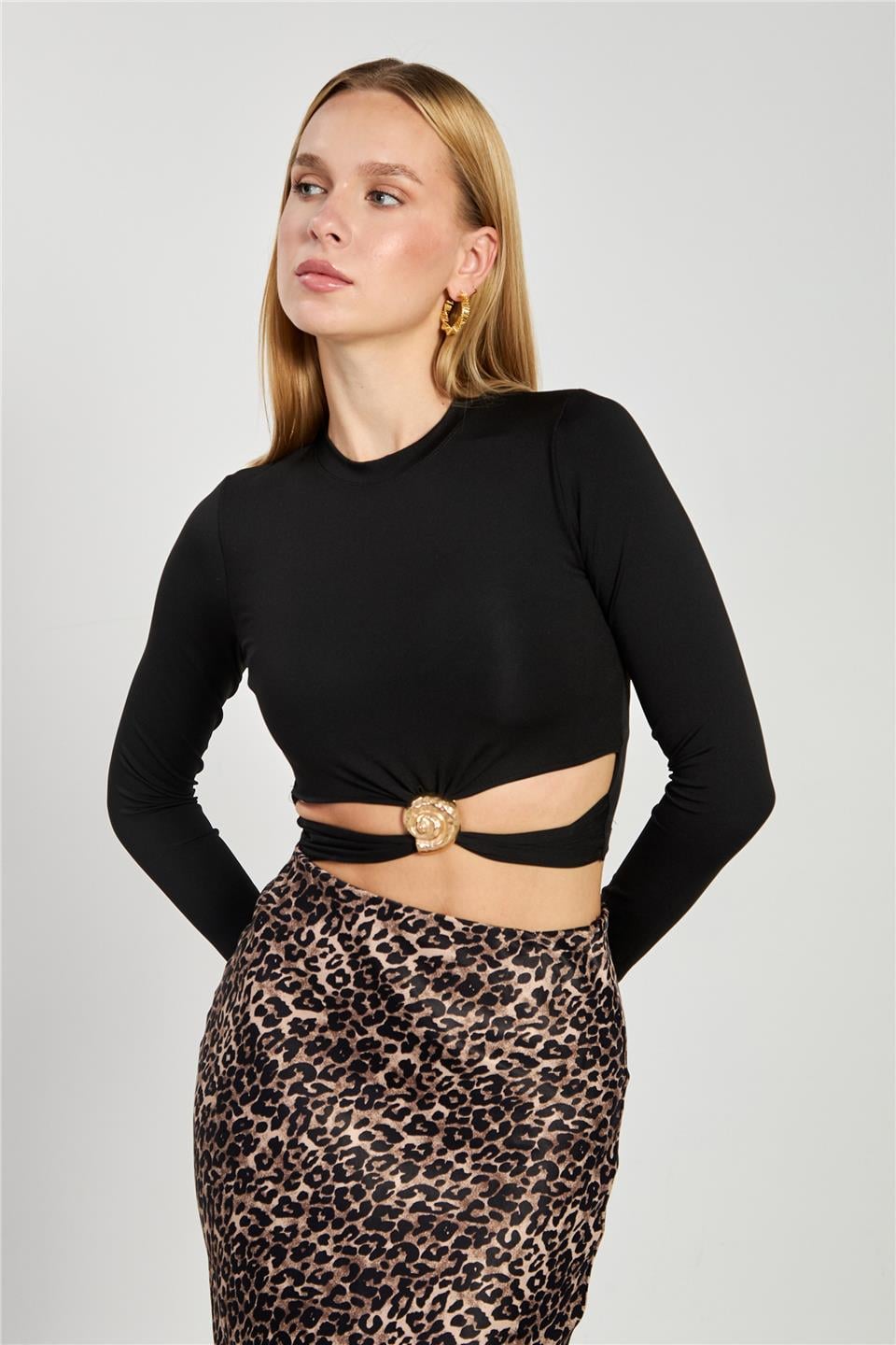 Göbek dekolteli uzun kol body-2665 Siyah