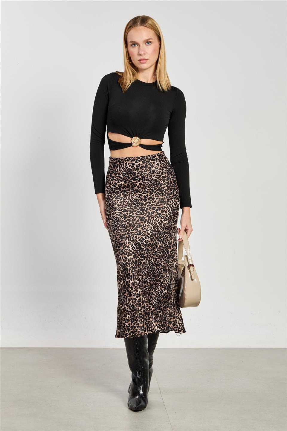 Göbek dekolteli uzun kol body-2665 Siyah