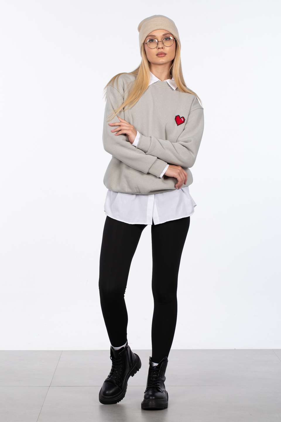 Göğsü Kalp Detaylı Sweatshirt - Gri