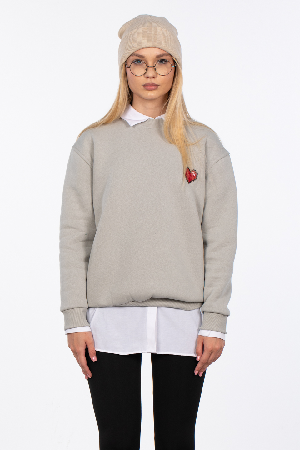Göğsü Kalp Detaylı Sweatshirt - Gri