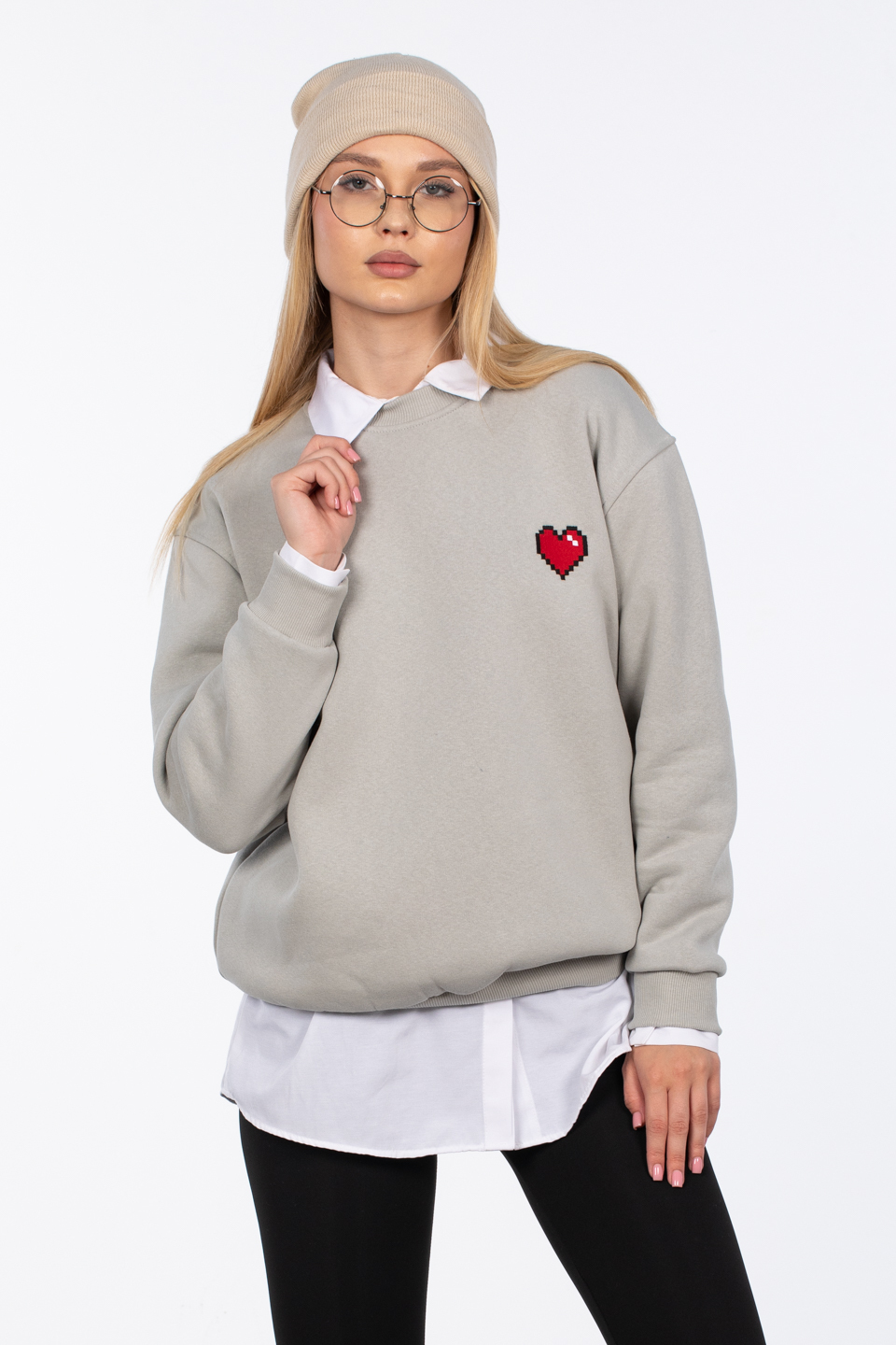 Göğsü Kalp Detaylı Sweatshirt - Gri