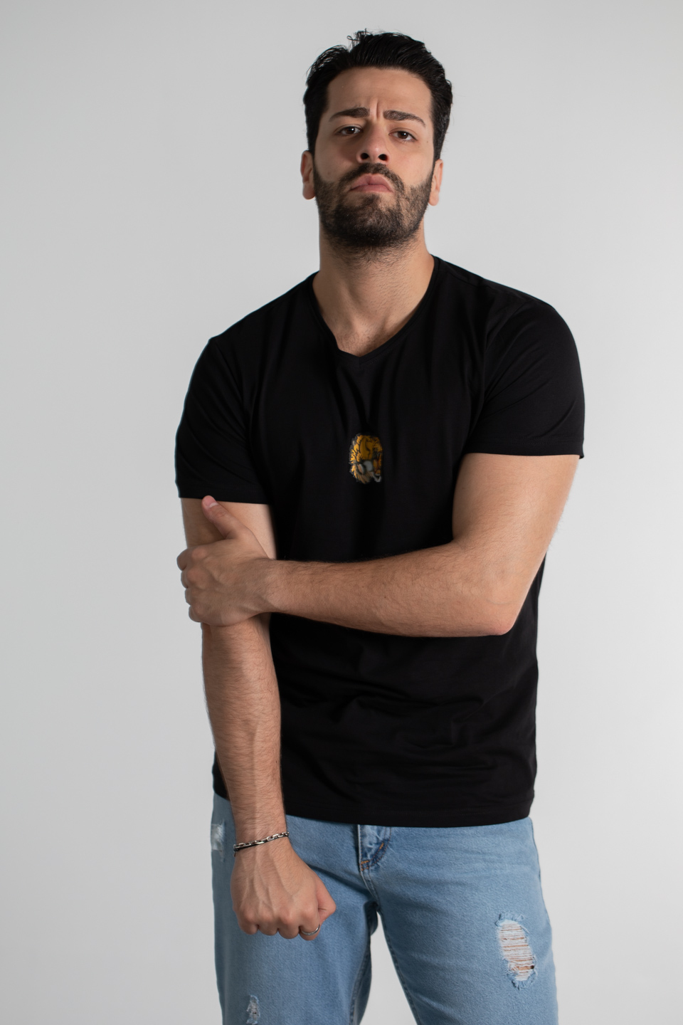 Göğüs aslan baskı t-shırt-2367 Siyah