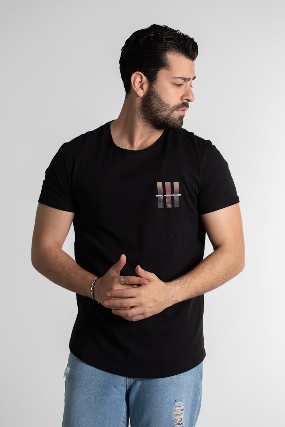 Göğüs baskılı t-shırt-2385 Siyah