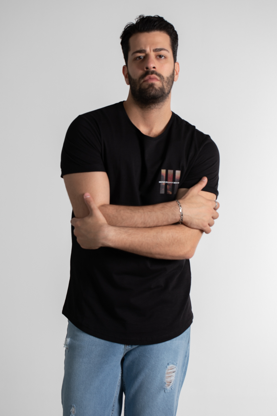 Göğüs baskılı t-shırt-2385 Siyah