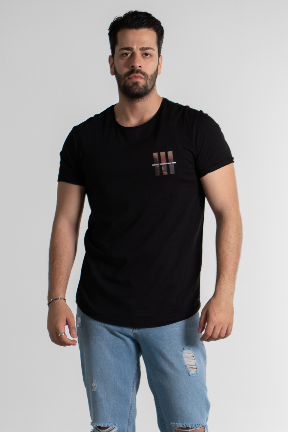 Göğüs baskılı t-shırt-2385 Siyah