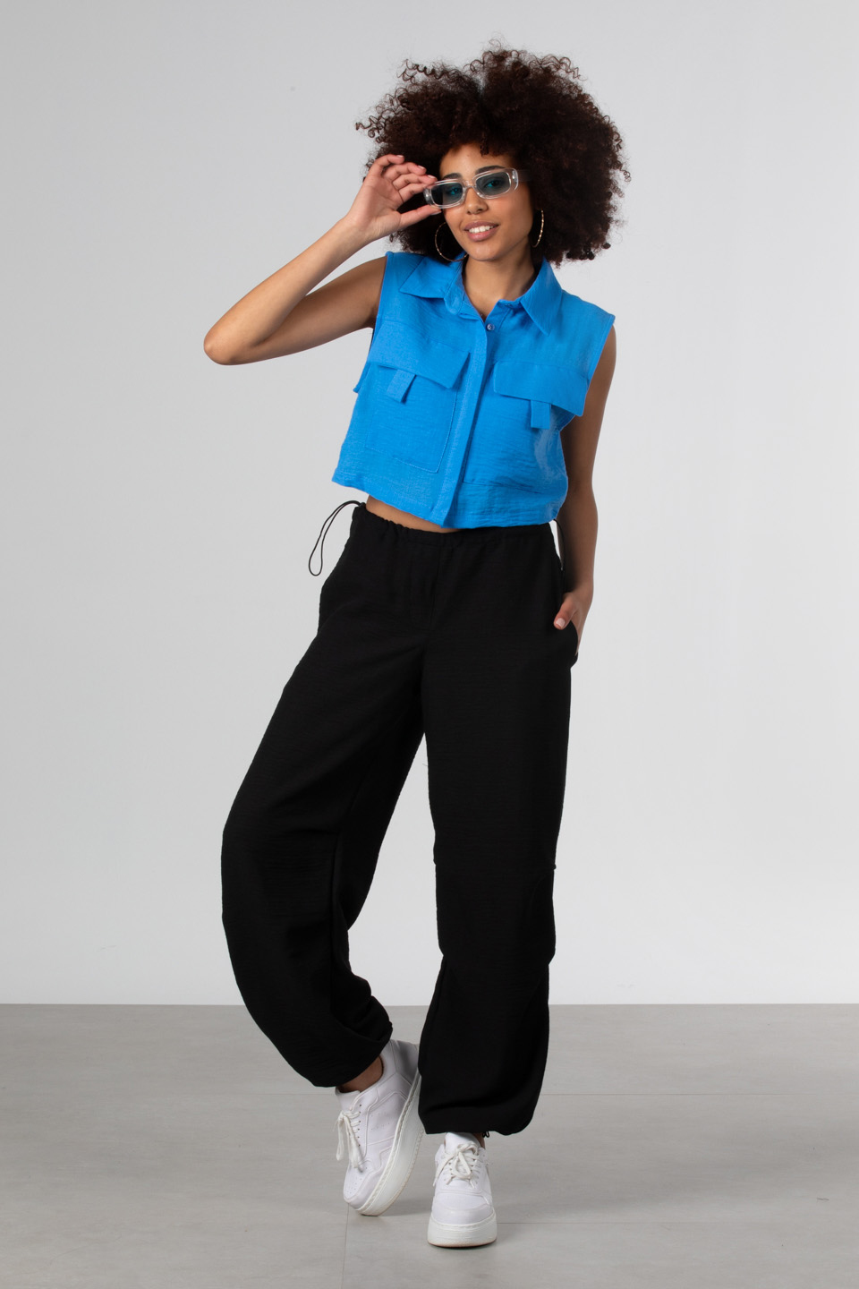 Göğüs cepli crop gömlek-2381 Mavi