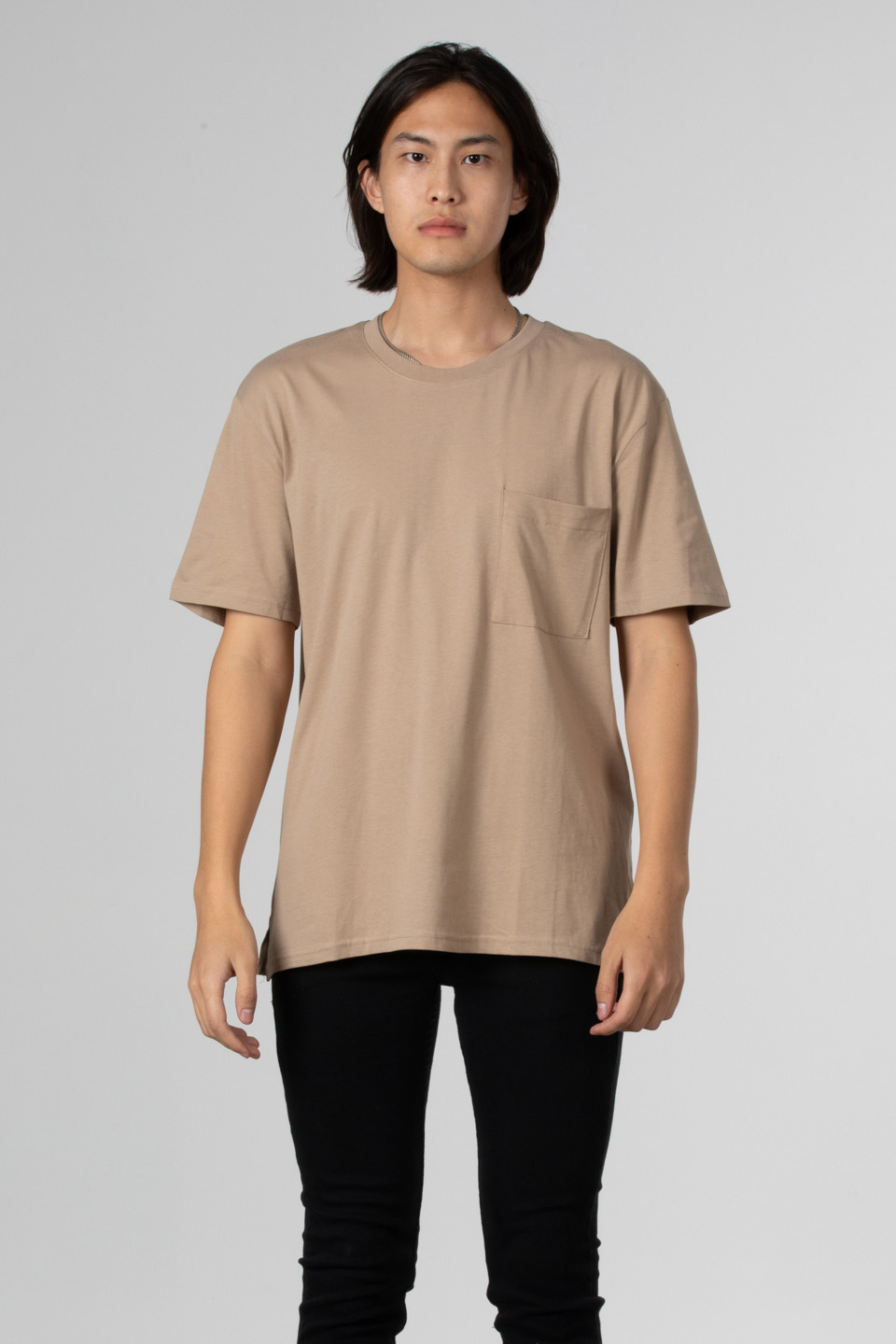 Göğüs cepli relax fit t-shirt-2271 Vizon