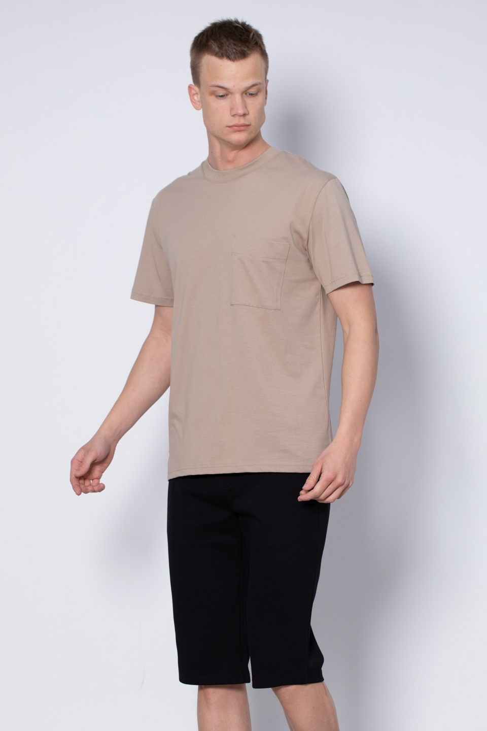 Göğüs cepli relax fit t-shirt-2271 Vizon