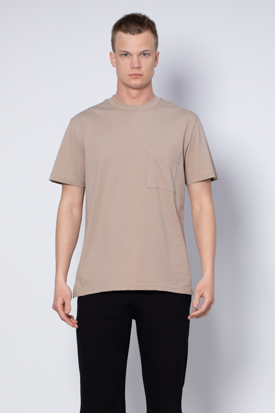 Göğüs cepli relax fit t-shirt-2271 Vizon