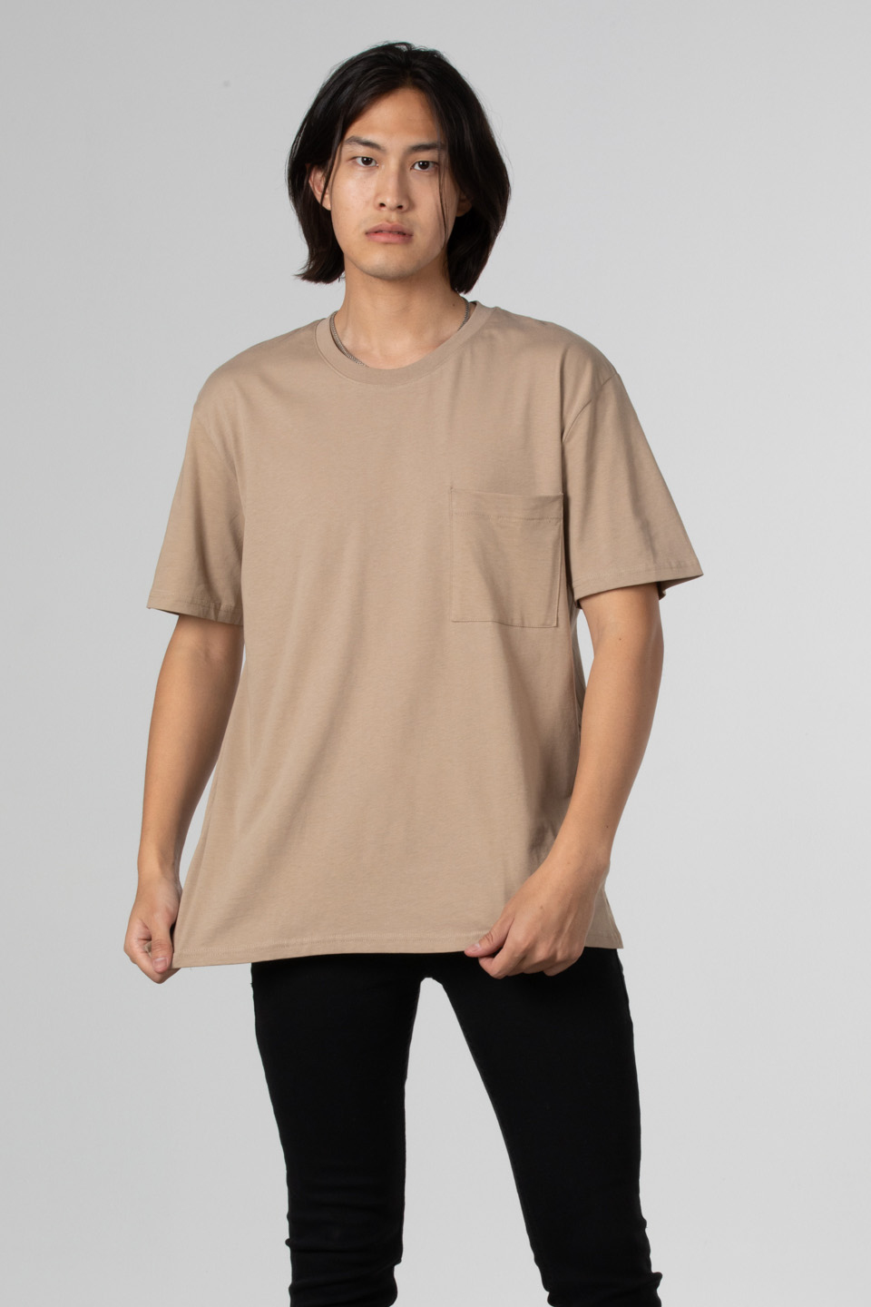 Göğüs cepli relax fit t-shirt-2271 Vizon