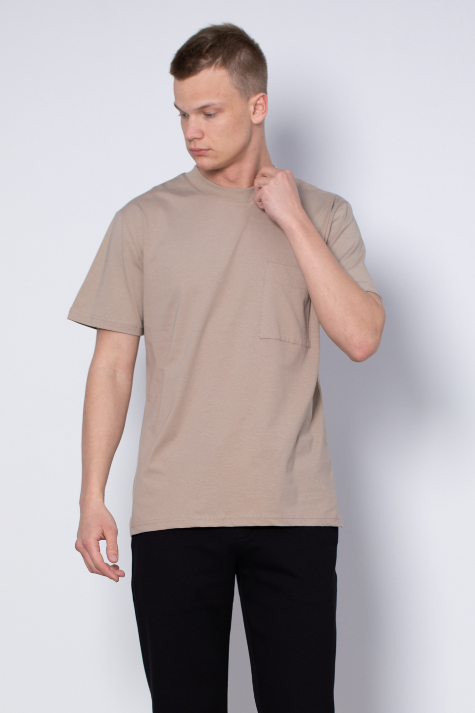 Göğüs cepli relax fit t-shirt-2271 Vizon