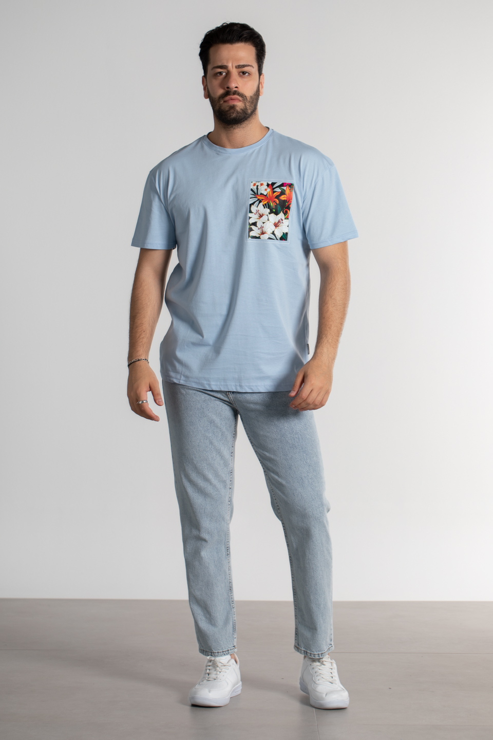 Göğüs çiçek baskılı oversize t-shirt-4460 Bebe Mavi