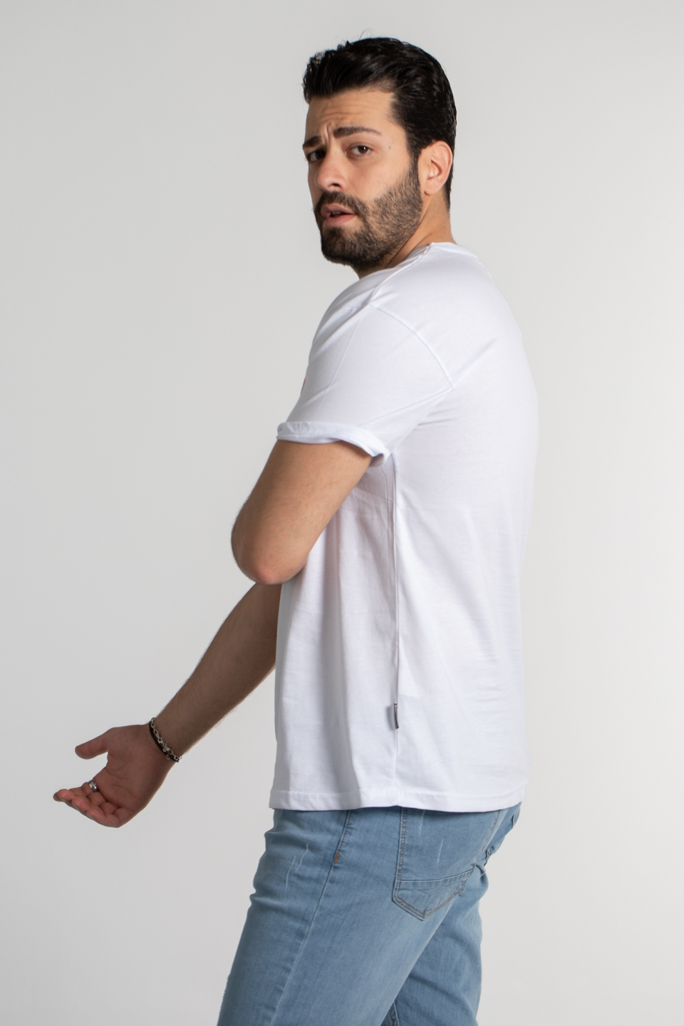 Göğüs çiçek baskılı oversize t-shirt-4460 Beyaz