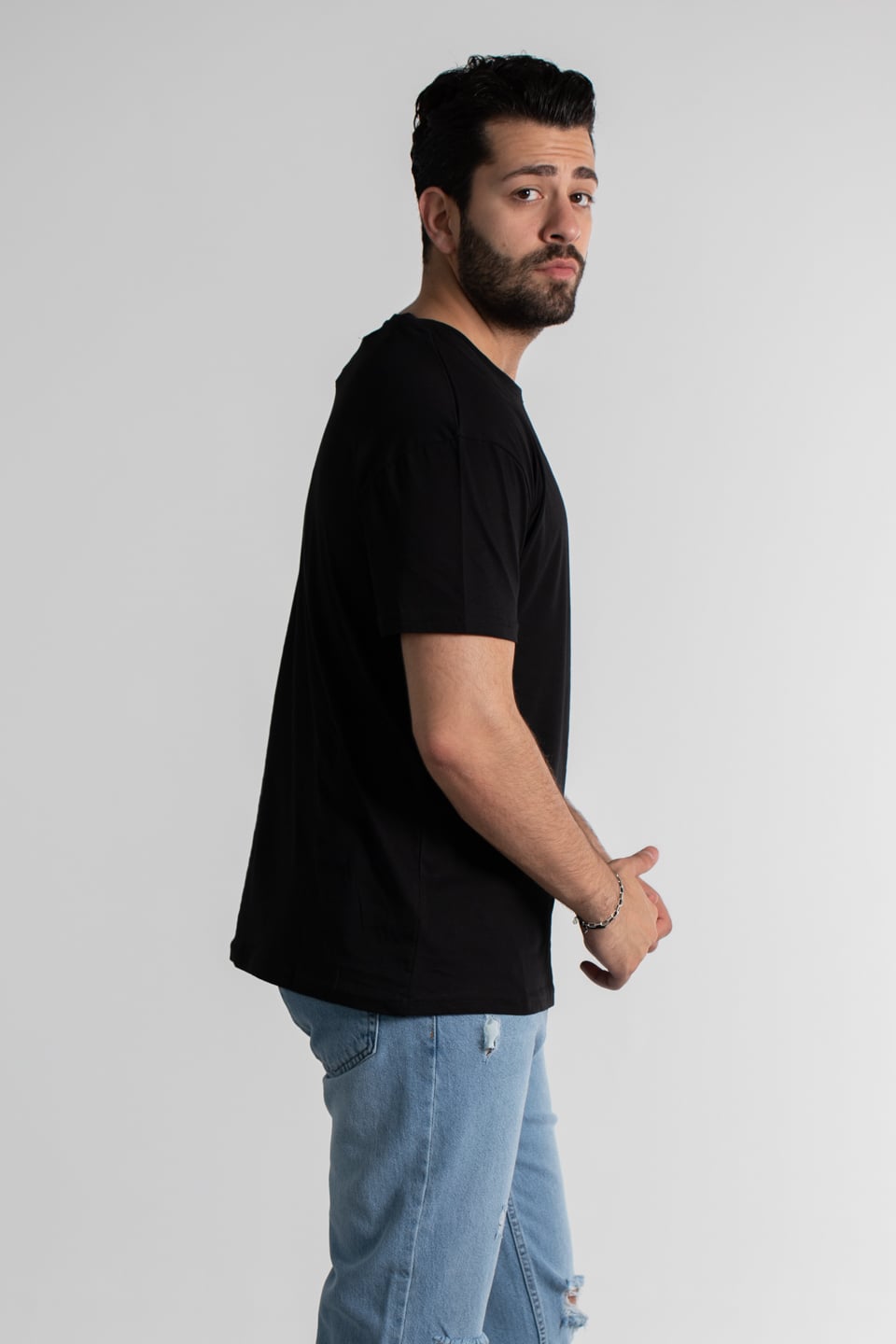 Göğüs çiçek baskılı oversize t-shirt-4460 Siyah