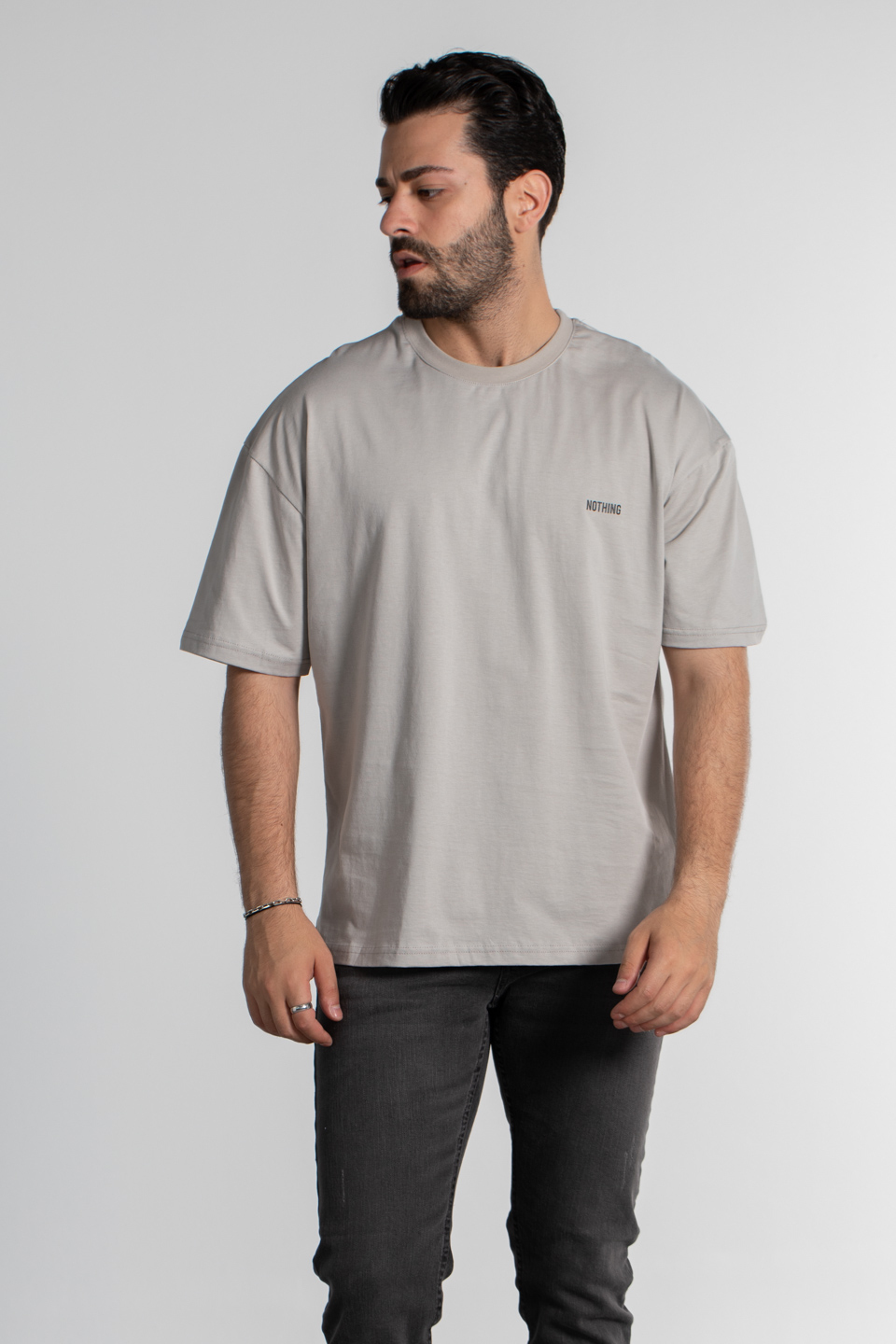 Göğüs nothing baskılı oversize t-shirt-4463 B.Gri