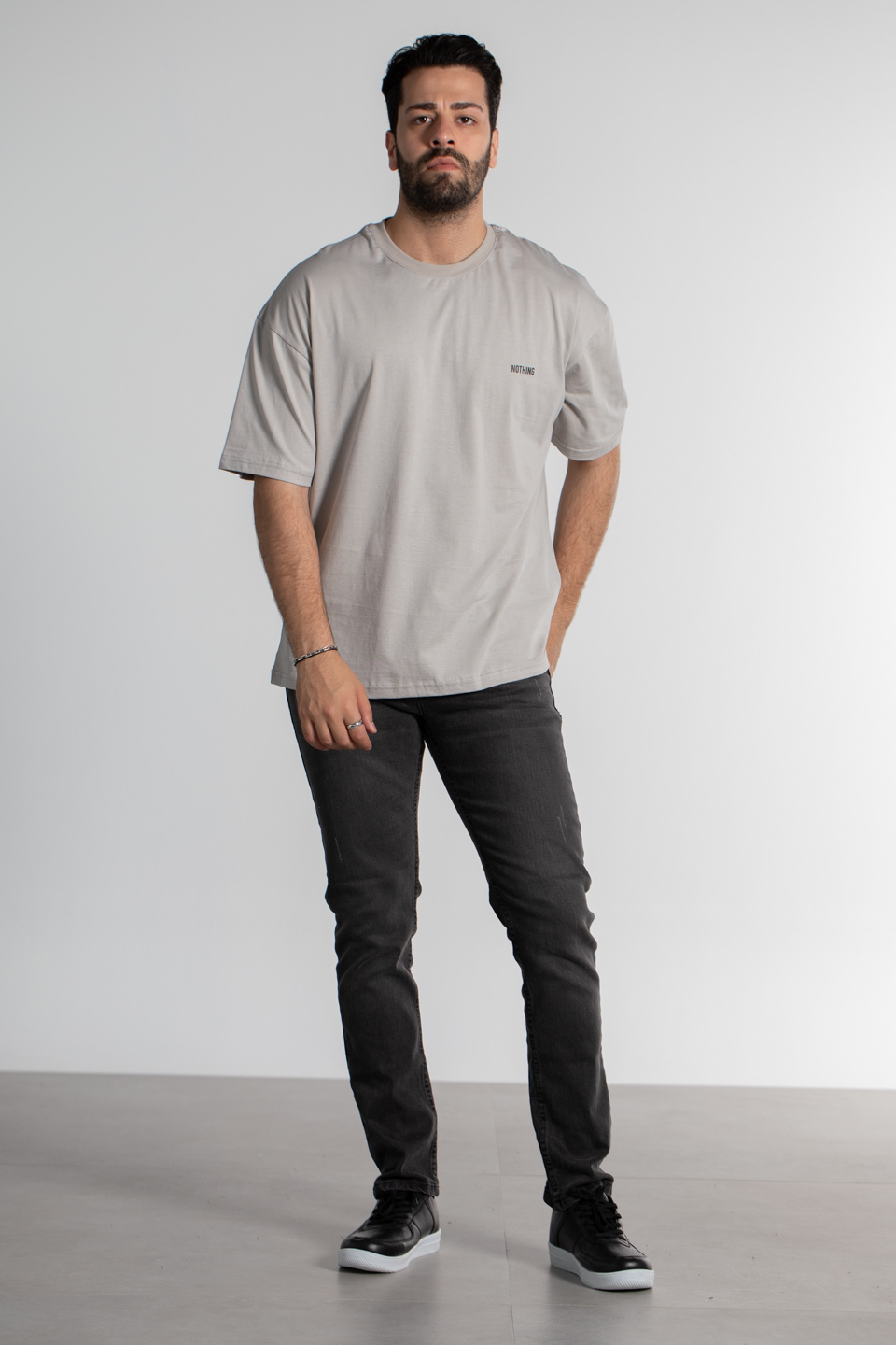 Göğüs nothing baskılı oversize t-shirt-4463 B.Gri
