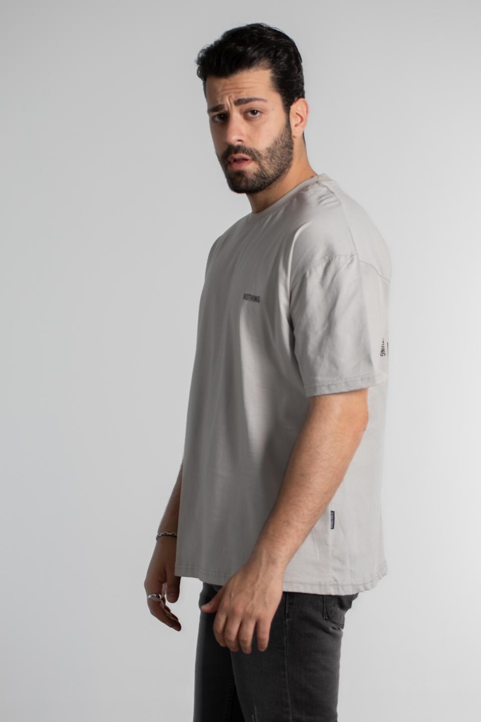 Göğüs nothing baskılı oversize t-shirt-4463 B.Gri