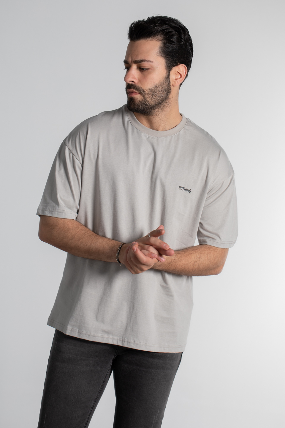 Göğüs nothing baskılı oversize t-shirt-4463 B.Gri