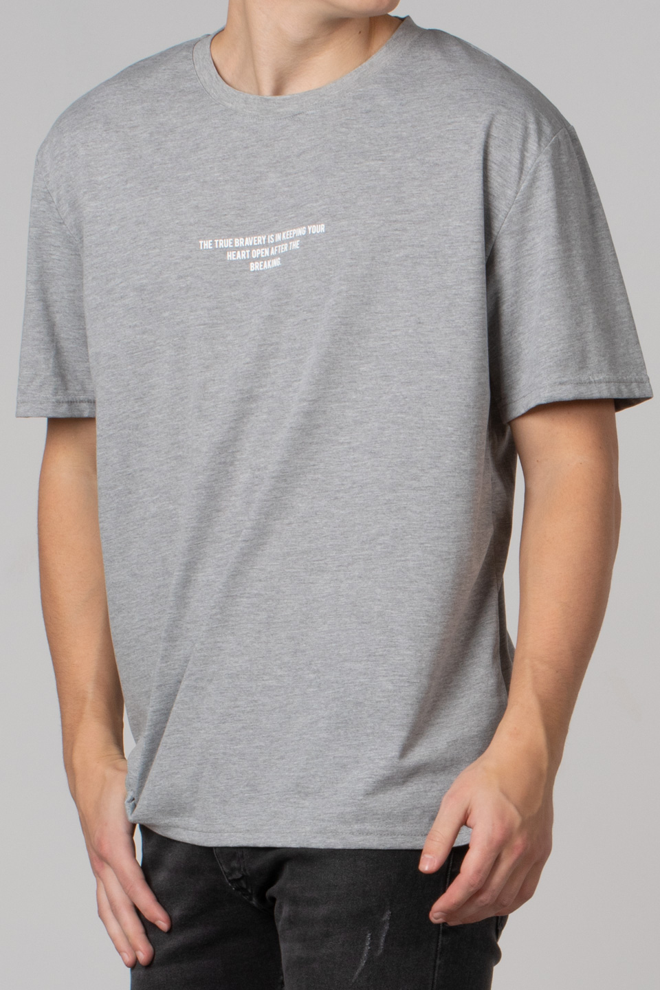 Göğüs yazı baskılı t-shirt-2624 Gri Melanj
