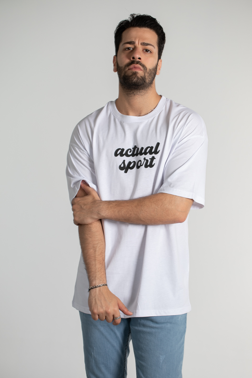 Göğüsü baskılı t-shirt-4002 Beyaz