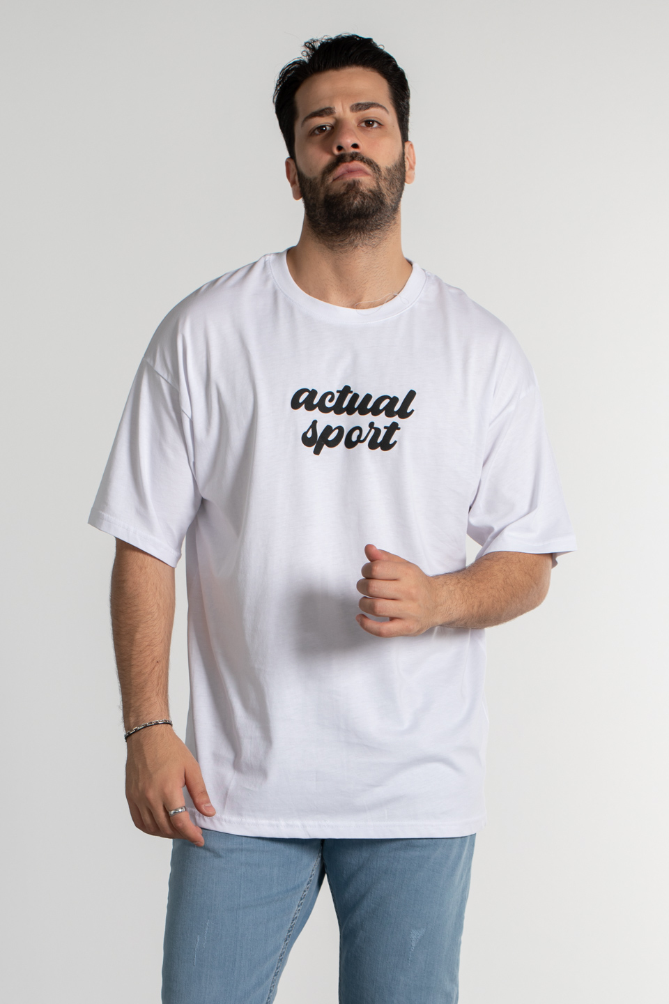 Göğüsü baskılı t-shirt-4002 Beyaz