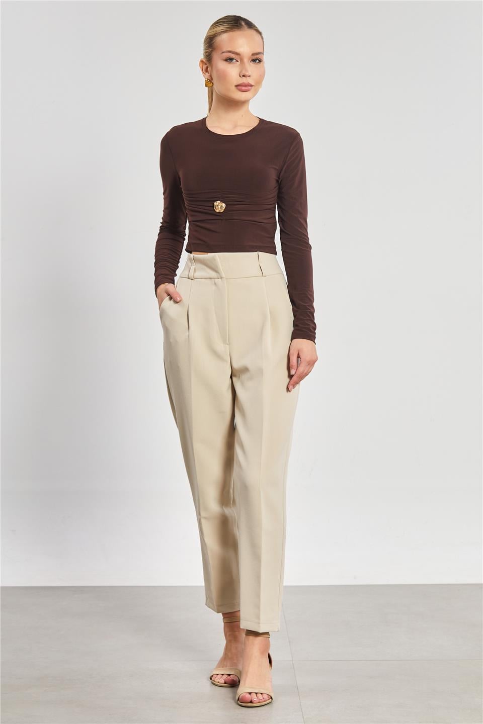 Gold düğmeli sandy bluz-13805 Kahve