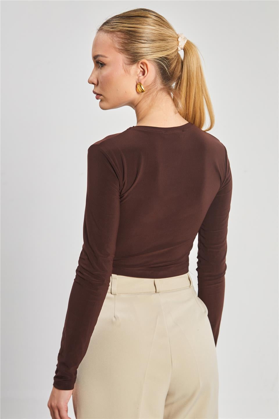 Gold düğmeli sandy bluz-13805 Kahve