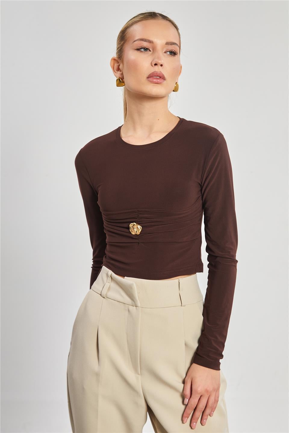 Gold düğmeli sandy bluz-13805 Kahve