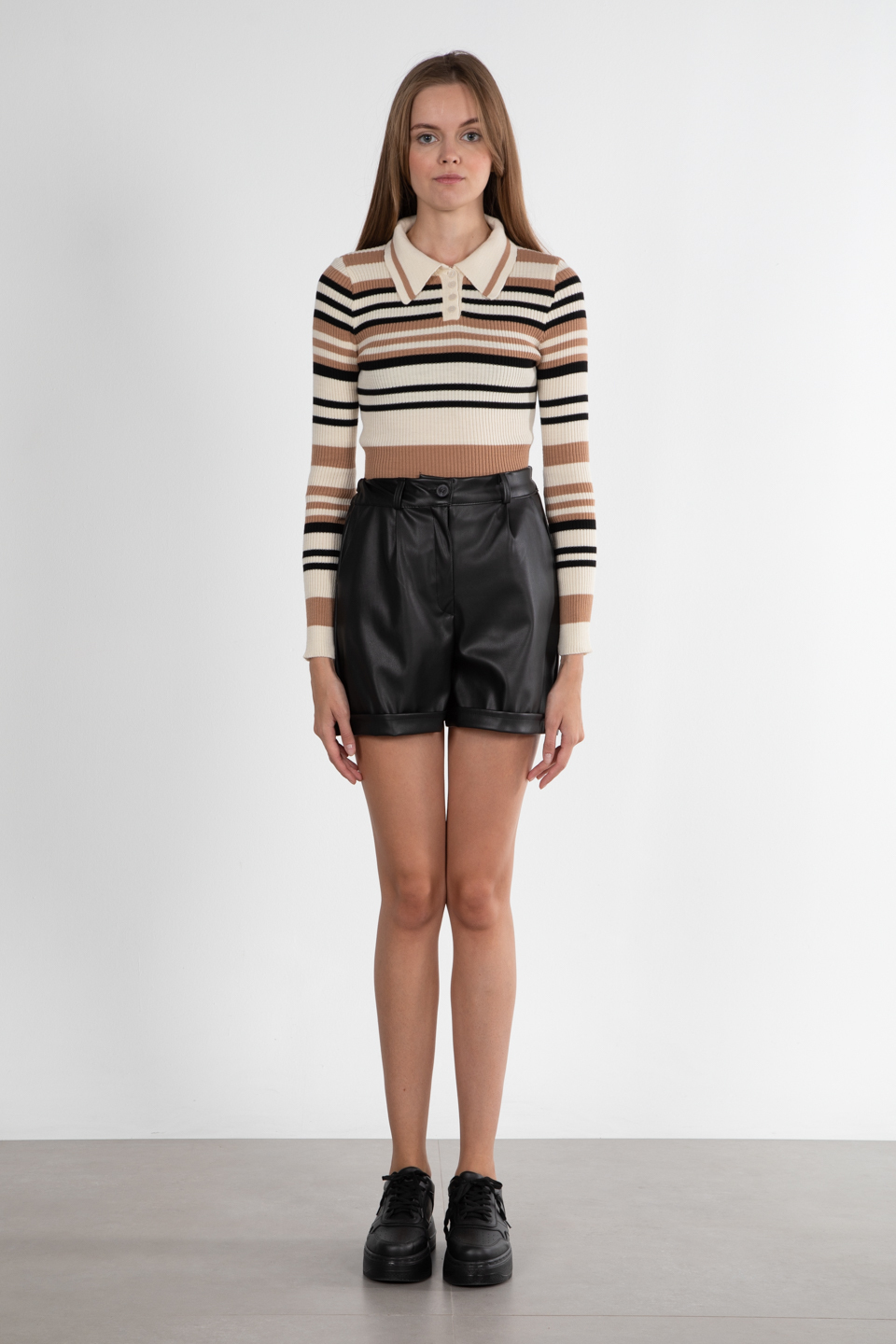 Gömlek yaka çizgili triko kazak-230024 Camel/Siyah